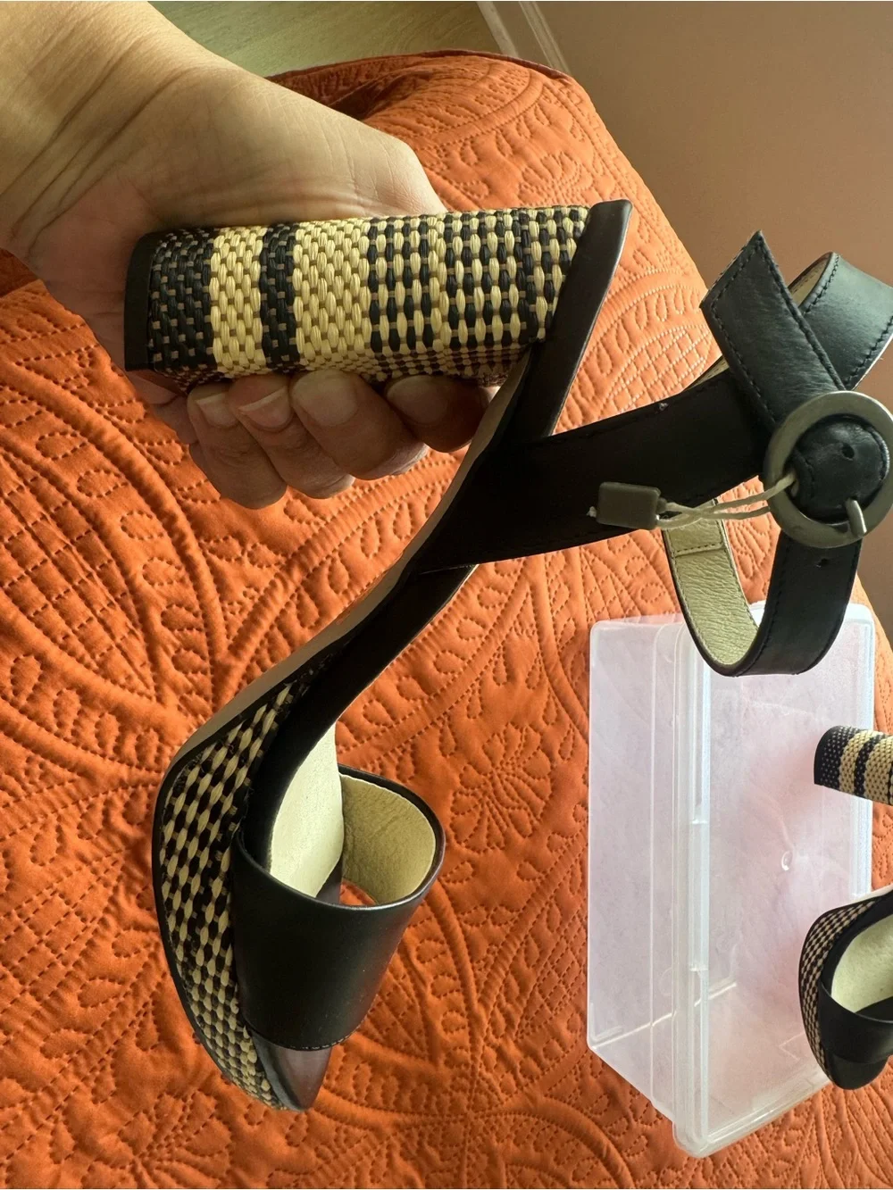Black Woven-Block Heel Sandals